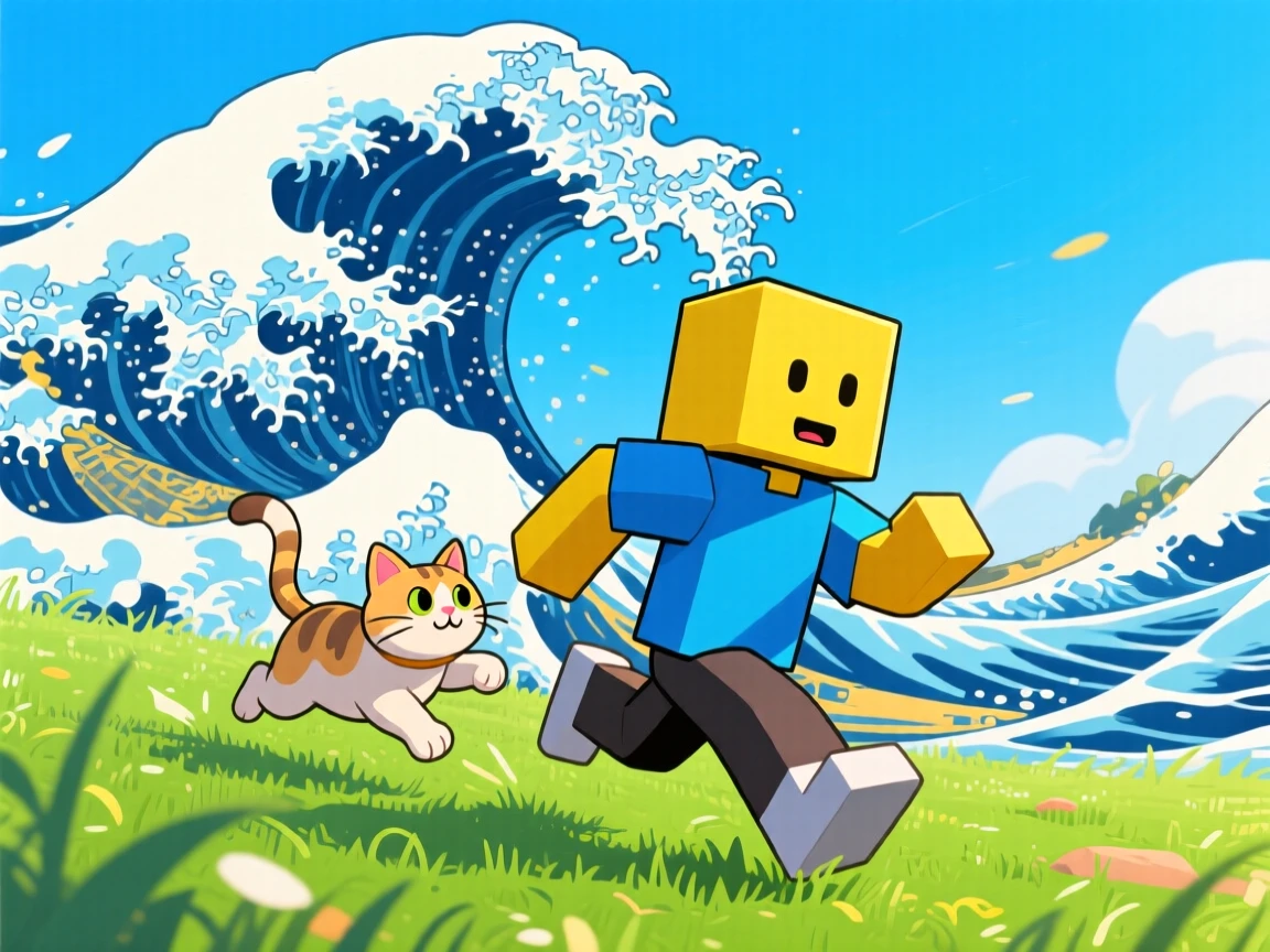 A picture a roblox noob
 holding a cat running with a tsanami chasing with grass below and cartoon