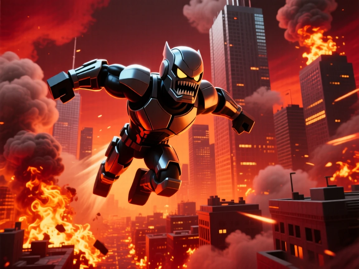 create me a roblox thumnail of a roblox character as a viltrumite flying through a burning city