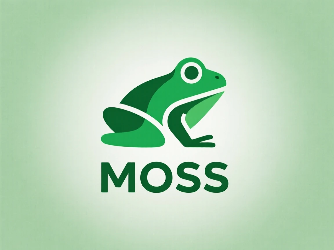 Minimal green frog symbol logo "MOSS"