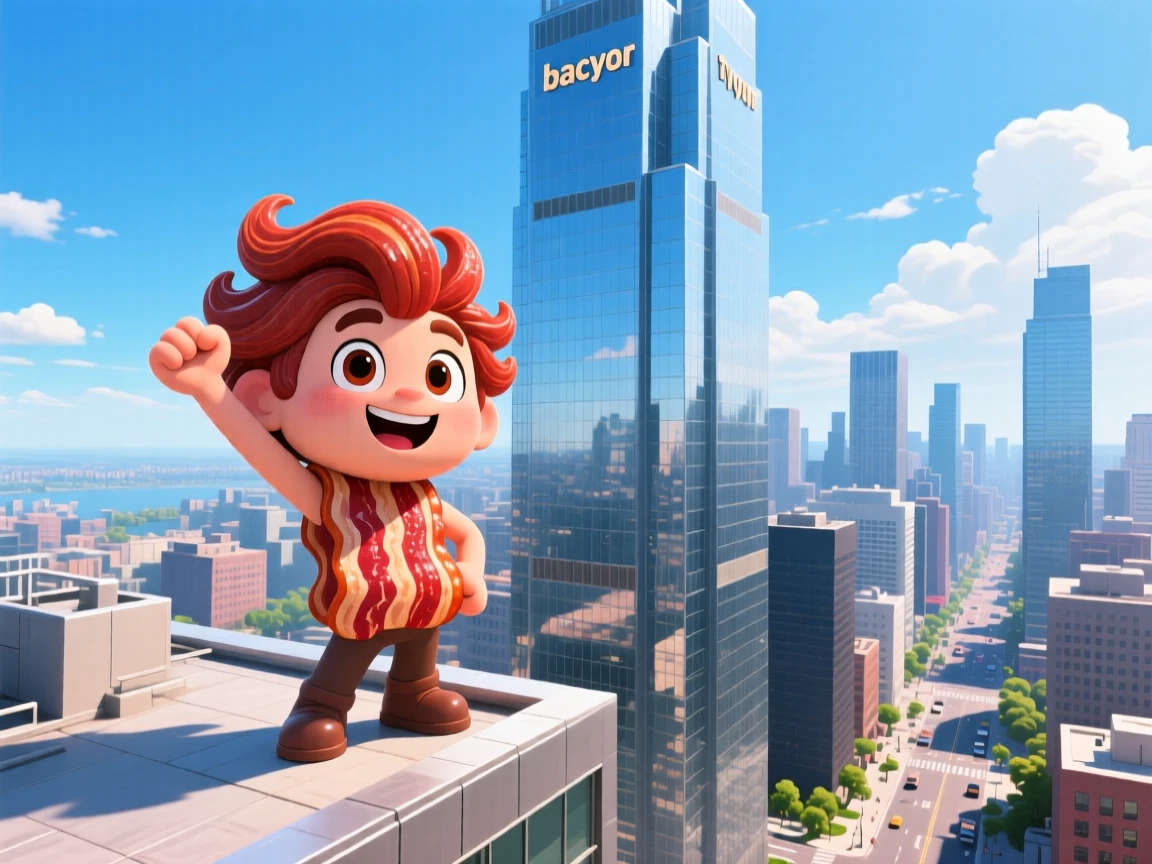 a bacon hair standing on top of a tycoon building
