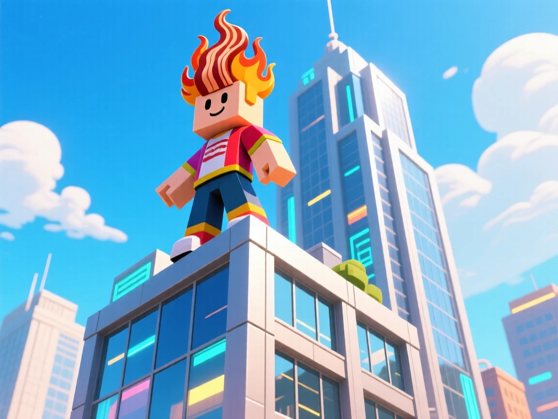 a bacon hair from roblox standing on top of a tycoon building