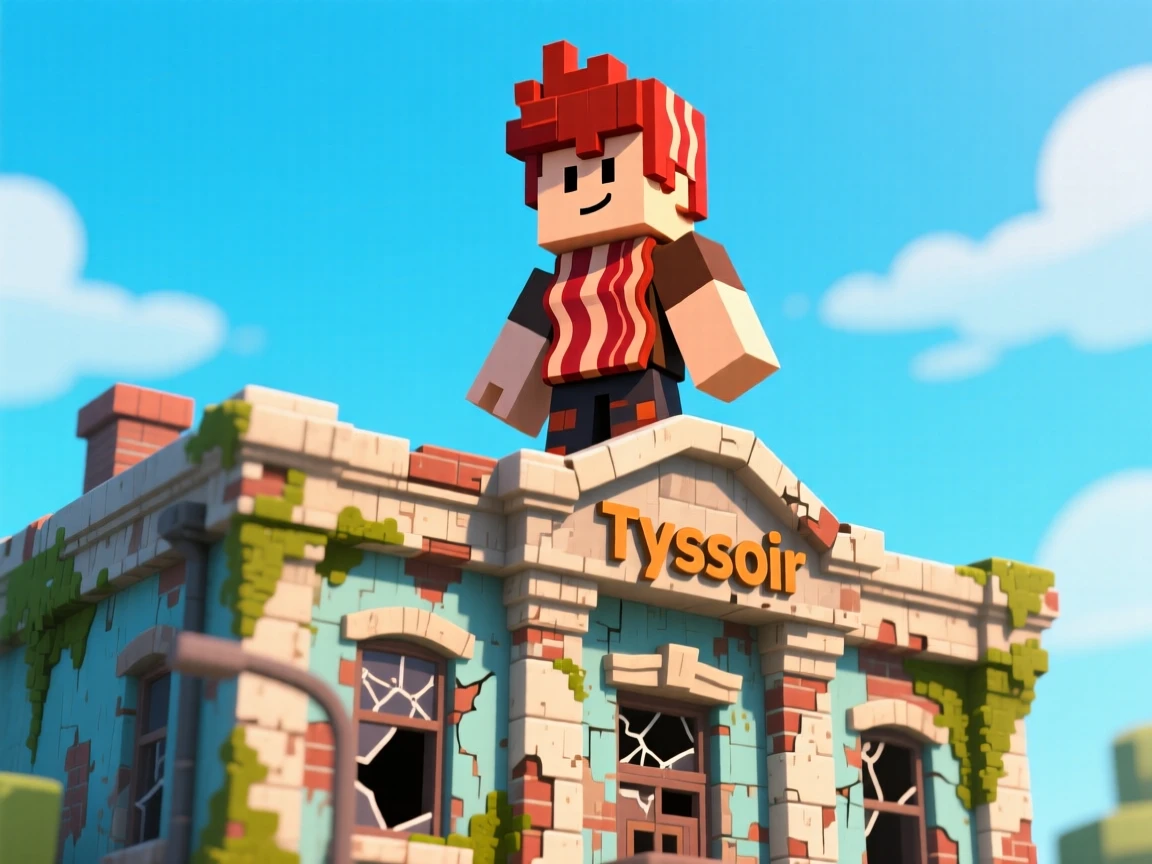 a bacon hair from roblox standing on top of a tycoon building  old