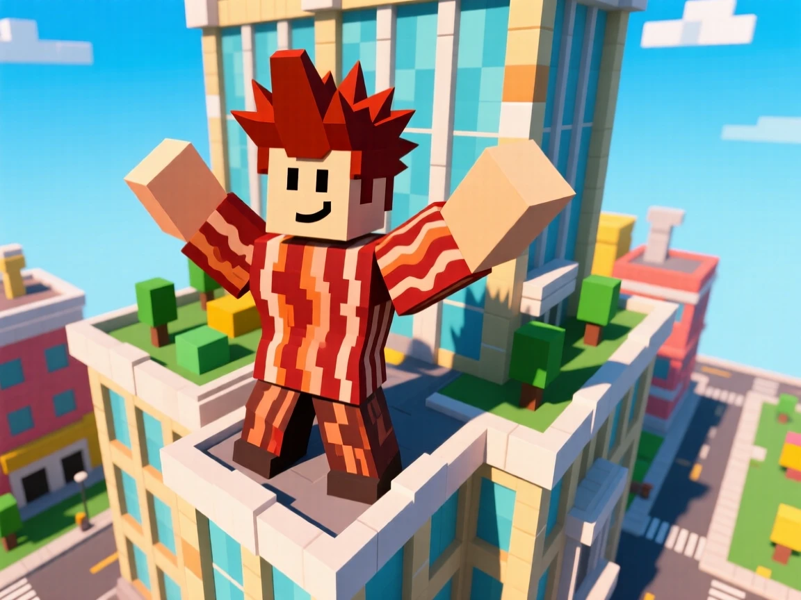 a bacon hair from roblox standing on top of a tycoon building  old robox style