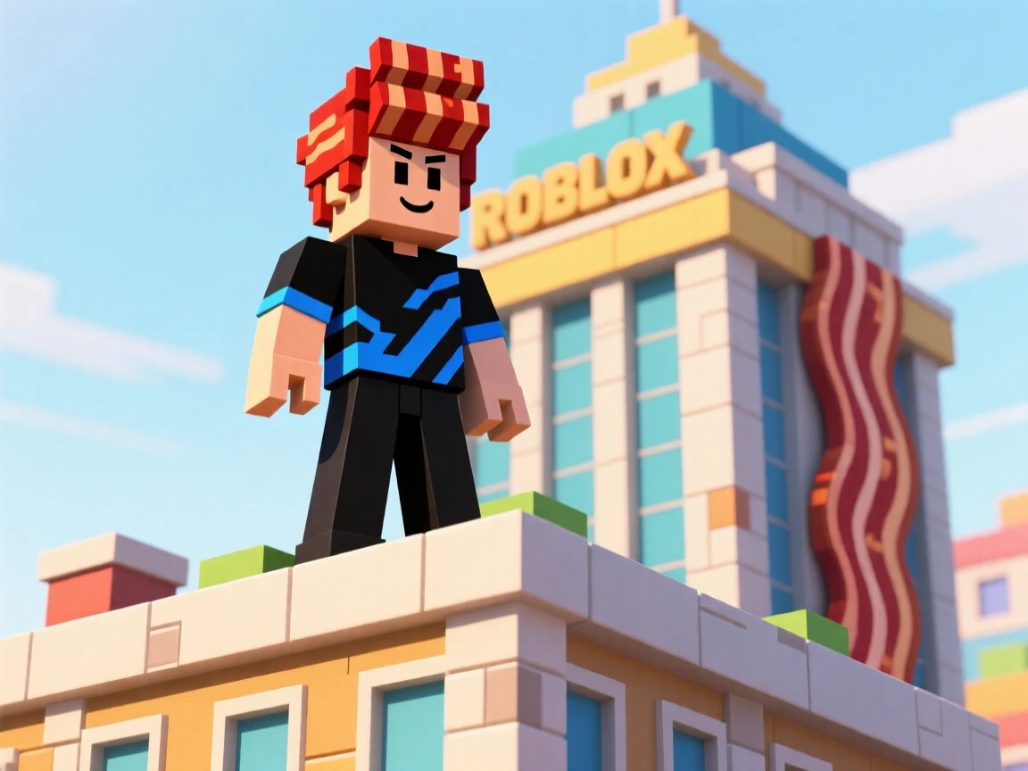 a bacon hair from roblox standing on top of a tycoon building  old robox style make im have a black and blue moto shirt and black pants