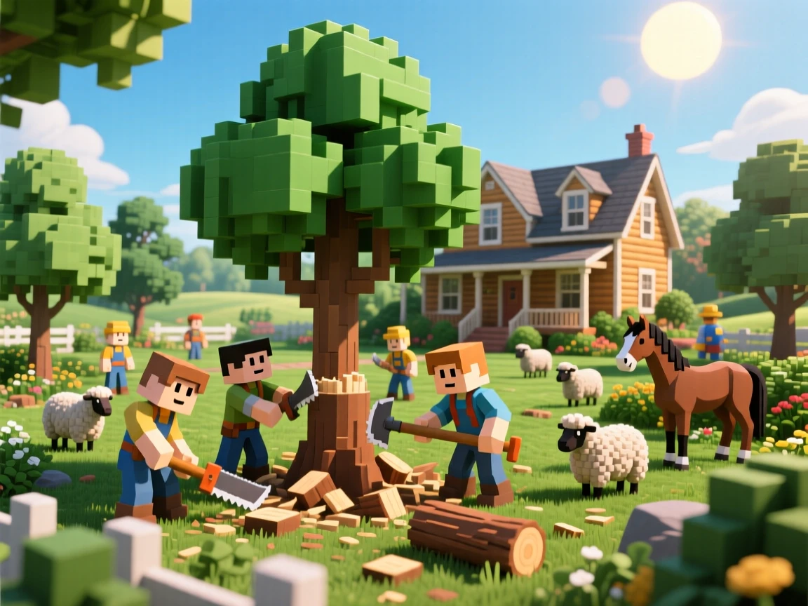 Trees getting cut by roblox characters with house built and the trees are in a garden with sheeps and horses around with the sun showing and the roblox characters are more realistic and showing