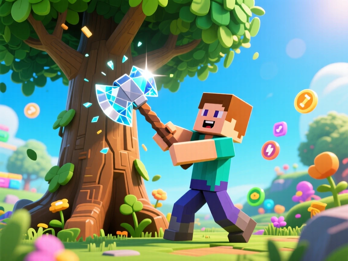 Tree simulator game with high quality roblox character trying to chop a tree with a dismond axe