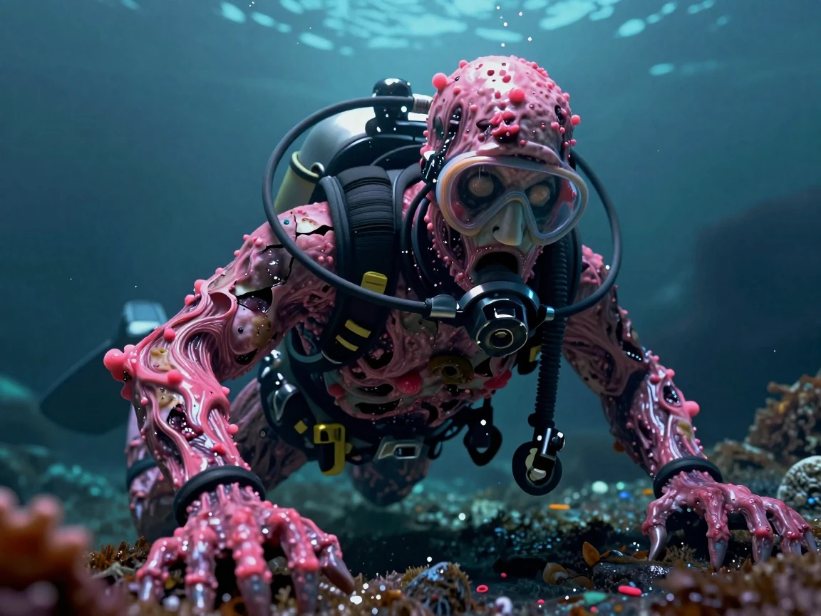 can u make me a realistic reference image for blender for my Roblox horror game that's 
**The Husk Diver**
Former humans overtaken by infection
Former humans overtaken by infection.(infected with the bloom plague-a pink infection spread among the diver exposing some flesh.)
Clings to your suit, cracking it open slowly.