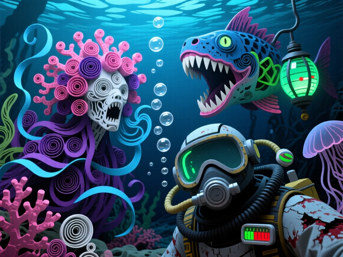 can create me a first person pov of what thinks would look like underwater making it look as realistic as possible and not blocky or cartoony using this information: 




🌊 Game Title: Blackwaters


🎮 Genre
Underwater Survival | Horror | Exploration | Mystery


🧩 Core Gameplay Loop
Dive Deeper — Explore underwater zones, scavenging for resources and clues.
Survive — Maintain oxygen, temperature, health, sanity, and infection levels.
Fight or Evade Entities — Each hostile creature has unique attack patterns and effects.
Craft and Use Survival Items — Neutralize infection side effects or enhance abilities.
Uncover the Mystery — Discover the source of a spreading aquatic infection threatening human life.


⚙️ Primary Systems
Oxygen System: Constantly depletes; upgraded tanks extend duration.
Pressure Damage: Increases with depth; special suits are needed to reach new zones.
Infection Meter: Increases when exposed to tainted water or infected entities.
Inventory & Crafting: Combine recovered materials into unique items.


🐉 Entities (Hostile Lifeforms)
Name
Description
Unique Kill/Attack Style












**The Siren Bloom**
Coral-like humanoid screaming through static.
Hypnotizes players into diving deeper until pressure crushes you.
**Reef Maw**
Giant jawed fish with bioluminescent lures.
Devours the player whole if they follow its light.
**The Husk Diver**
Former humans overtaken by infection.(infected with the bloom plague-a pink infection spread among the diver exposing some flesh.)
Clings to your suit, cracking it open slowly.
**Abyss Leech**
Long black parasite.
Drains the oxygen meter directly, forcing the player to ditch equipment.
**The Choir**
Group of jellyfish that emit paralyzing electric fields.
Swarm and fry your communication system and nerves.




🧰 Survival Items
Item
Description
Effect / Side Effect












**Lumen Gel**
Bright bioluminescent paste.
Heals sanity loss 