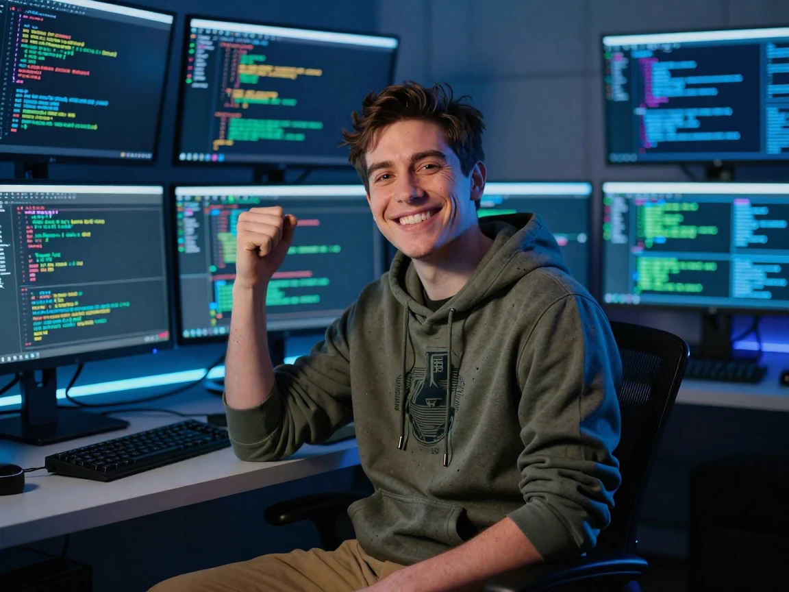 make a hacker thumbnail where the hacker looks happy