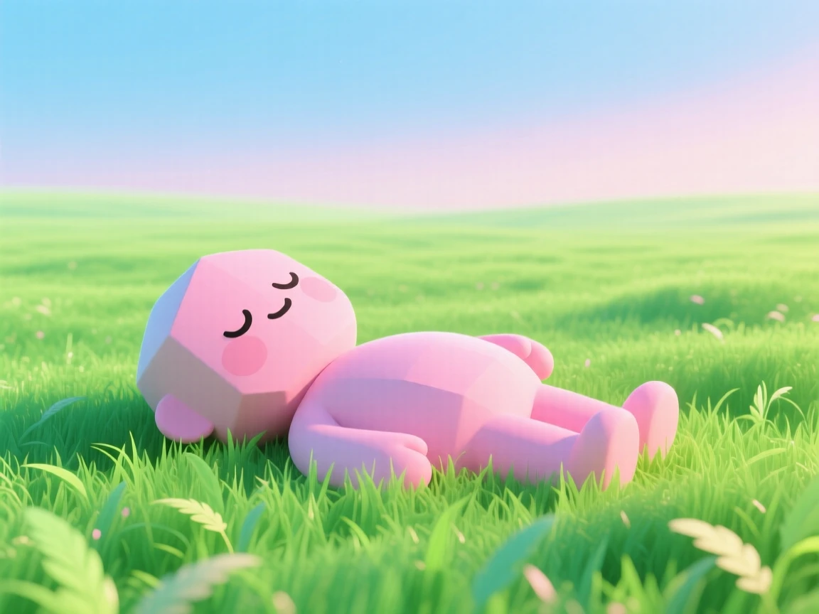 Sleepy oversized character resting in luminous neon green grass, pink skin, simplified geometric features, dreamy atmosphere, soft pastel blue sky, whimsical editorial illustration, cozy surreal mood, vibrant fluorescent colors, ultra smooth gradients, delicate color transitions, creamy color blending, velvety color fields, soft atmospheric lighting, diffused glow, ethereal softness, seamless gradient rendering, feathered edges, subtle tonal shifts, low contrast, airy composition, luminous colors, clean surfaces, pure color fields, smooth rendering, pastel color harmony, soft focus, cinematic softness, minimal details.