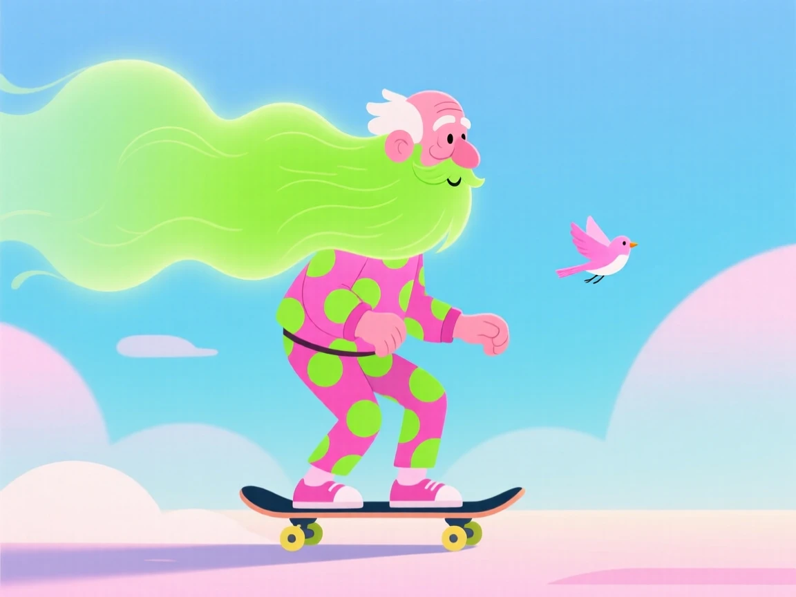 Whimsical old man riding a skateboard, enormous glowing lime-green beard flowing behind him like a soft luminous cloud, tiny pink bird following alongside, pink skin, playful patterned clothing, dreamy pastel blue background, vibrant neon green and pink accents, charming surreal character design, minimalist indie animation aesthetic, pure smooth gradients, ultra smooth color transitions, seamless gradient blending, soft diffused lighting, clean simple shapes, flat gradient illustration, gentle luminous glow, crisp geometric forms, dreamy pastel atmosphere, contemporary whimsical character portrait, soft color fields, smooth tonal transitions, blended colors, edge-free shading, line-free illustration, no outlines, no contour lines, no stroke lines, no black lines, no ink lines, no borders, no edge definition, shapes separated only by color and value transitions, floating forms, soft visual hierarchy, minimal graphic language, only smooth gradients, only soft color transitions, clean modern aesthetic.