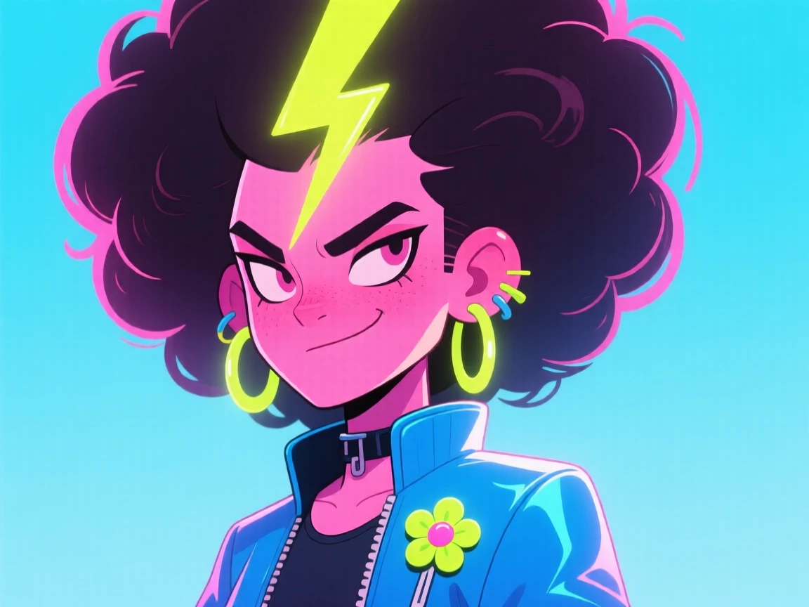 Quirky character portrait, eccentric punk with giant afro hairstyle split by a neon yellow lightning bolt, sharp angular face, oversized earrings, pink skin, electric blue jacket, fluorescent flower pin, playful indie animation style, pastel blue background, whimsical proportions, vibrant neon palette, highly stylized character design, ultra smooth color transitions, soft blended gradients, clean vector-like shading, velvety airbrushed lighting, seamless tonal shifts, glossy simplified forms, dreamy atmospheric glow, minimal surface detail, no texture, no grain, no noise, no fabric texture, no brushstrokes, pure gradient rendering, soft luminous edges, modern graphic illustration.