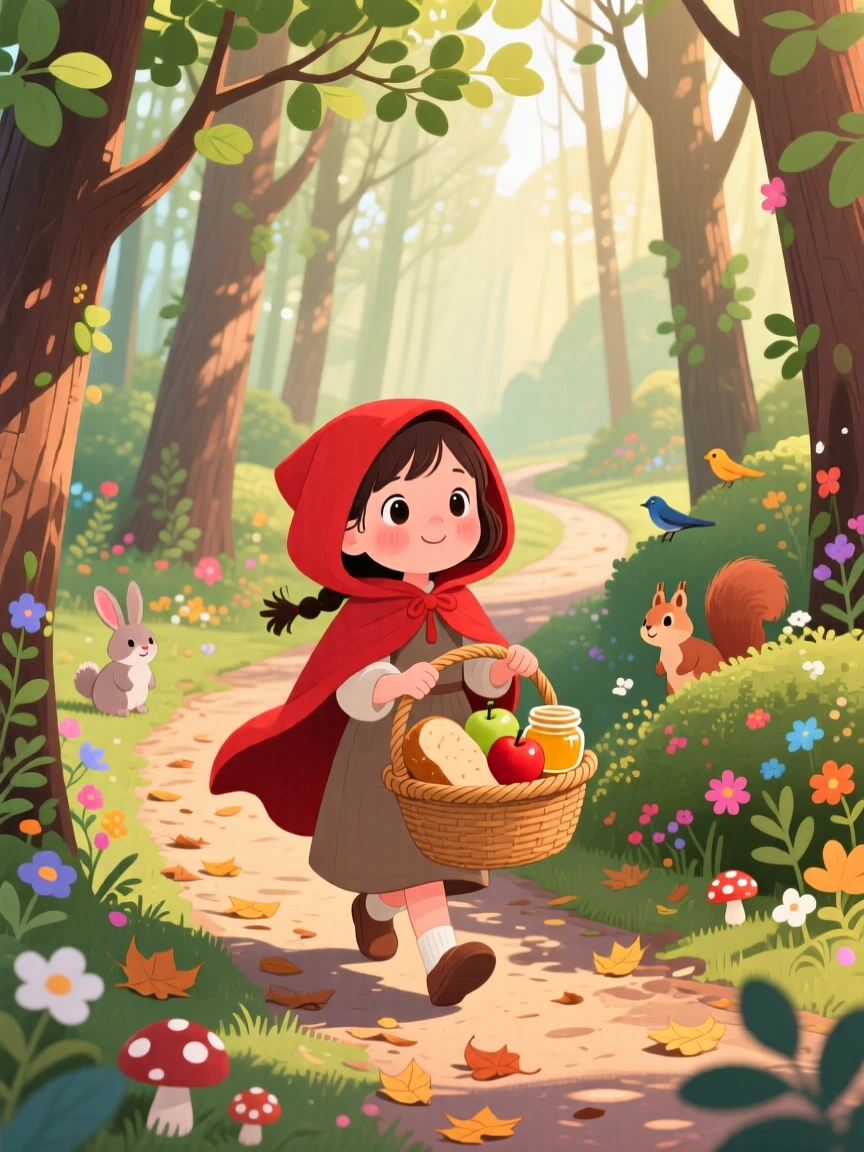 a young girl in a red hooded cape who travels through the woods to bring food to her sick grandmother.