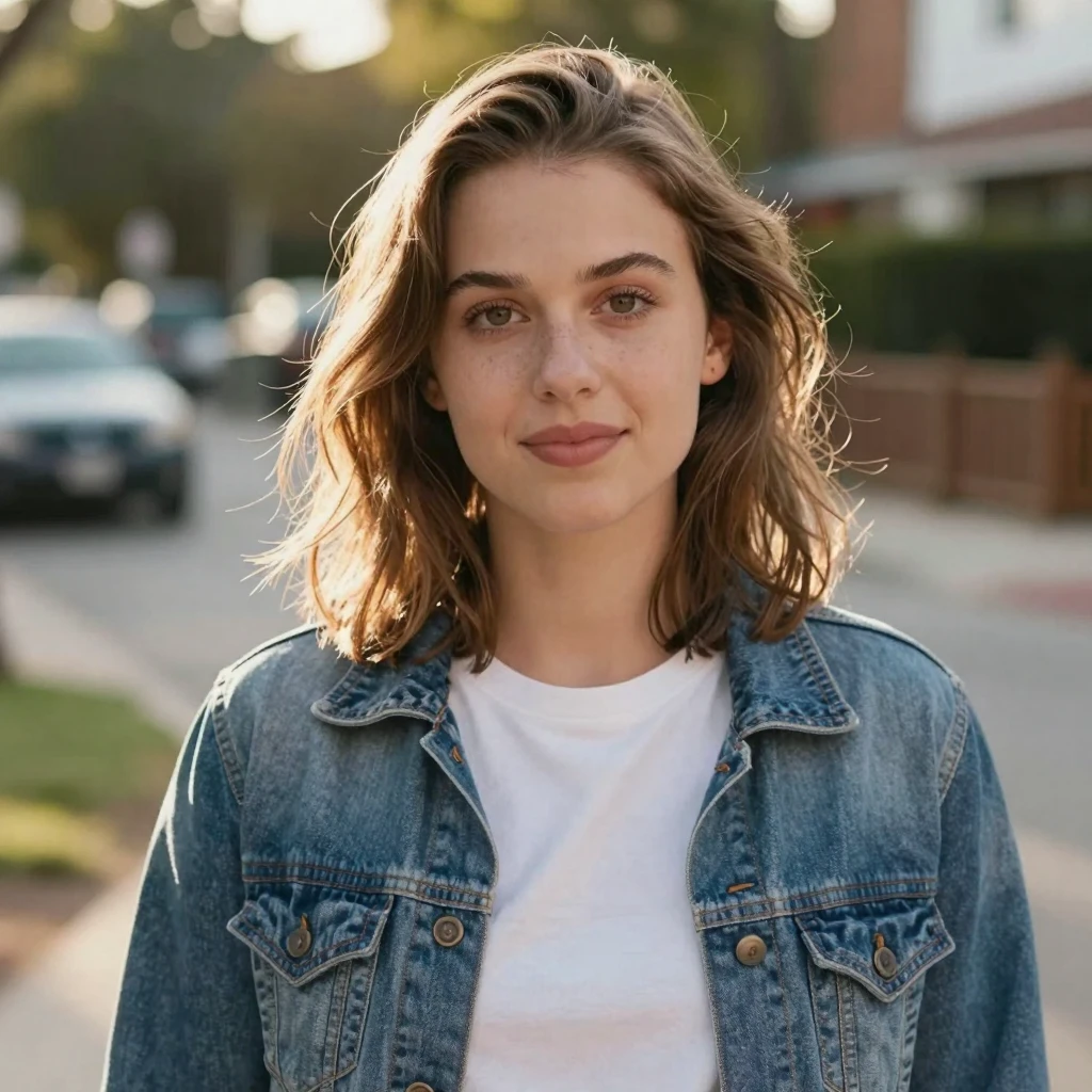 A high-quality portrait of a young American white woman, looking directly at the camera.