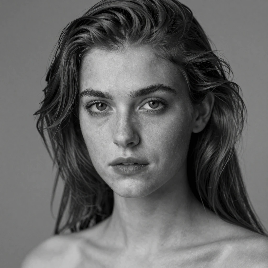 A high-quality portrait of a young American white woman, looking directly at the camera.