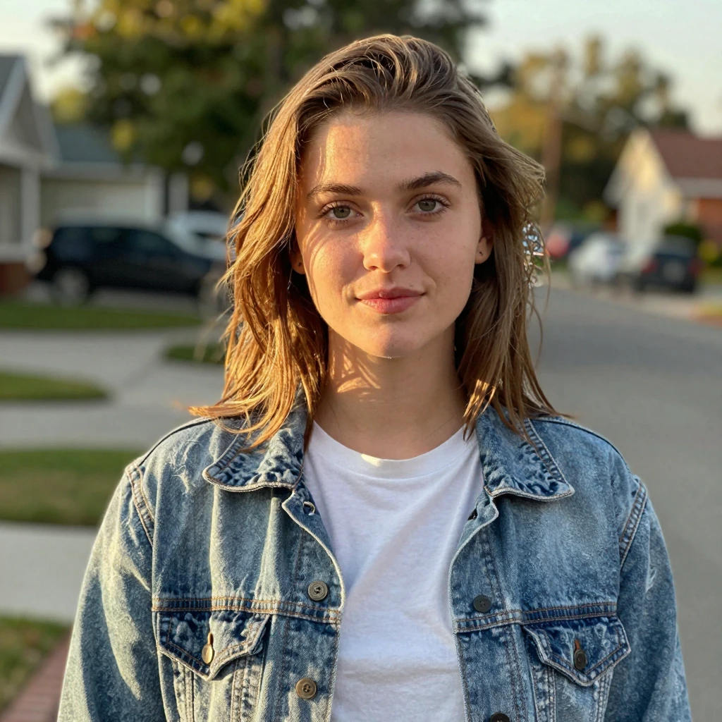 A portrait of a young American white woman, looking directly at the camera.