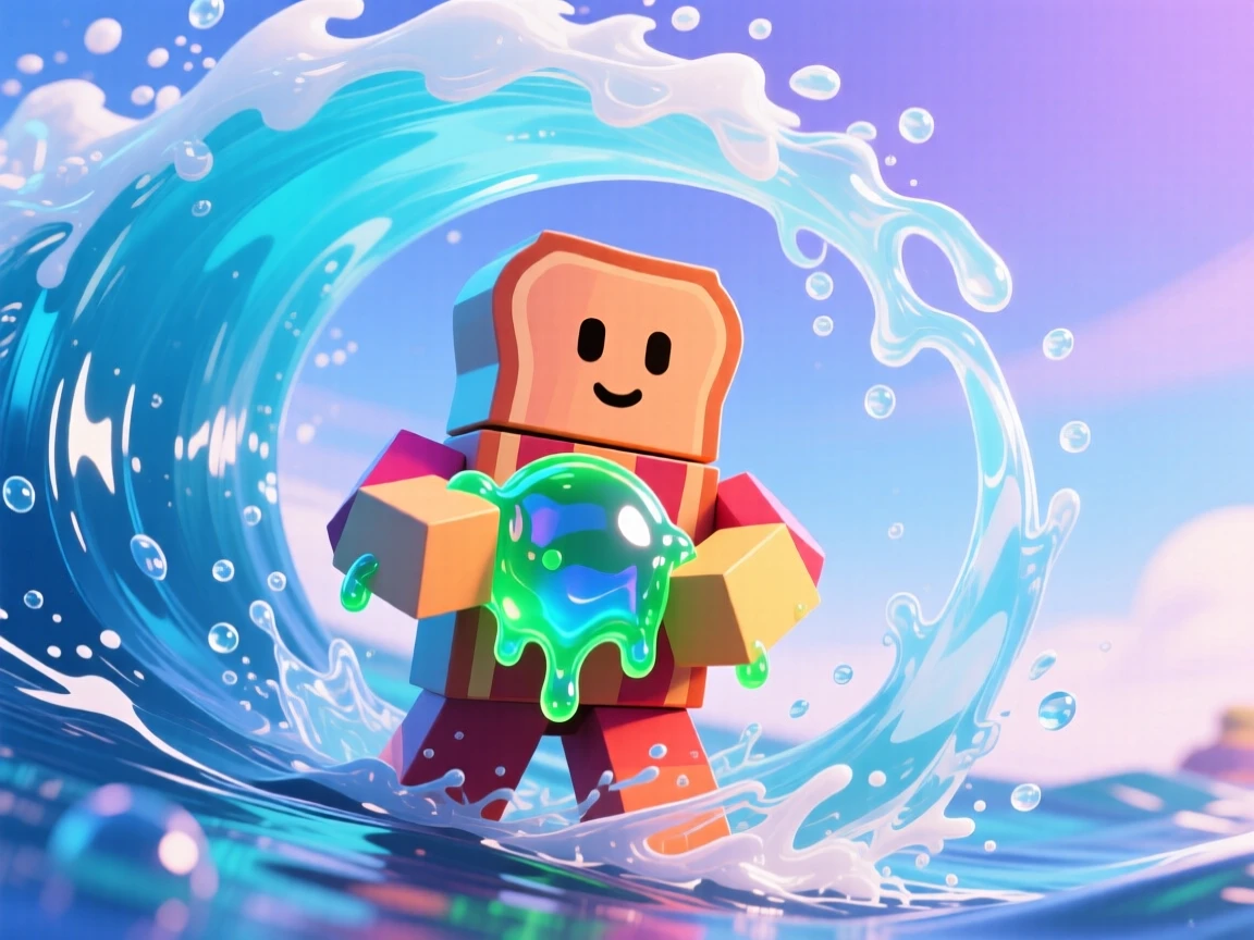 a roblox noob or bacon figure holding a slime and a wave flying around him kind of like when flash moves in the avengers