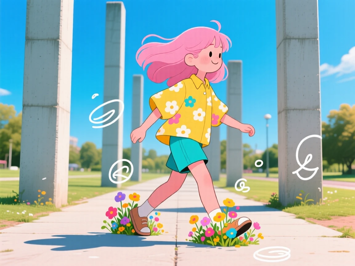 Mixed-media editorial illustration seamlessly blended into real park photography, giant pink-haired cartoon girl walking naturally on the ground between concrete columns as if she exists in the scene, both feet firmly touching the pavement with realistic perspective and soft shadows, oversized yellow floral shirt and turquoise shorts moving with the wind, soft flat-color illustration style with clean vector shadows, bright flowers growing around her feet, minimal doodle elements, vibrant blue sky, warm sunny atmosphere, playful but believable interaction with environment, clean contemporary illustration aesthetic, grounded movement, natural integration into the real landscape.