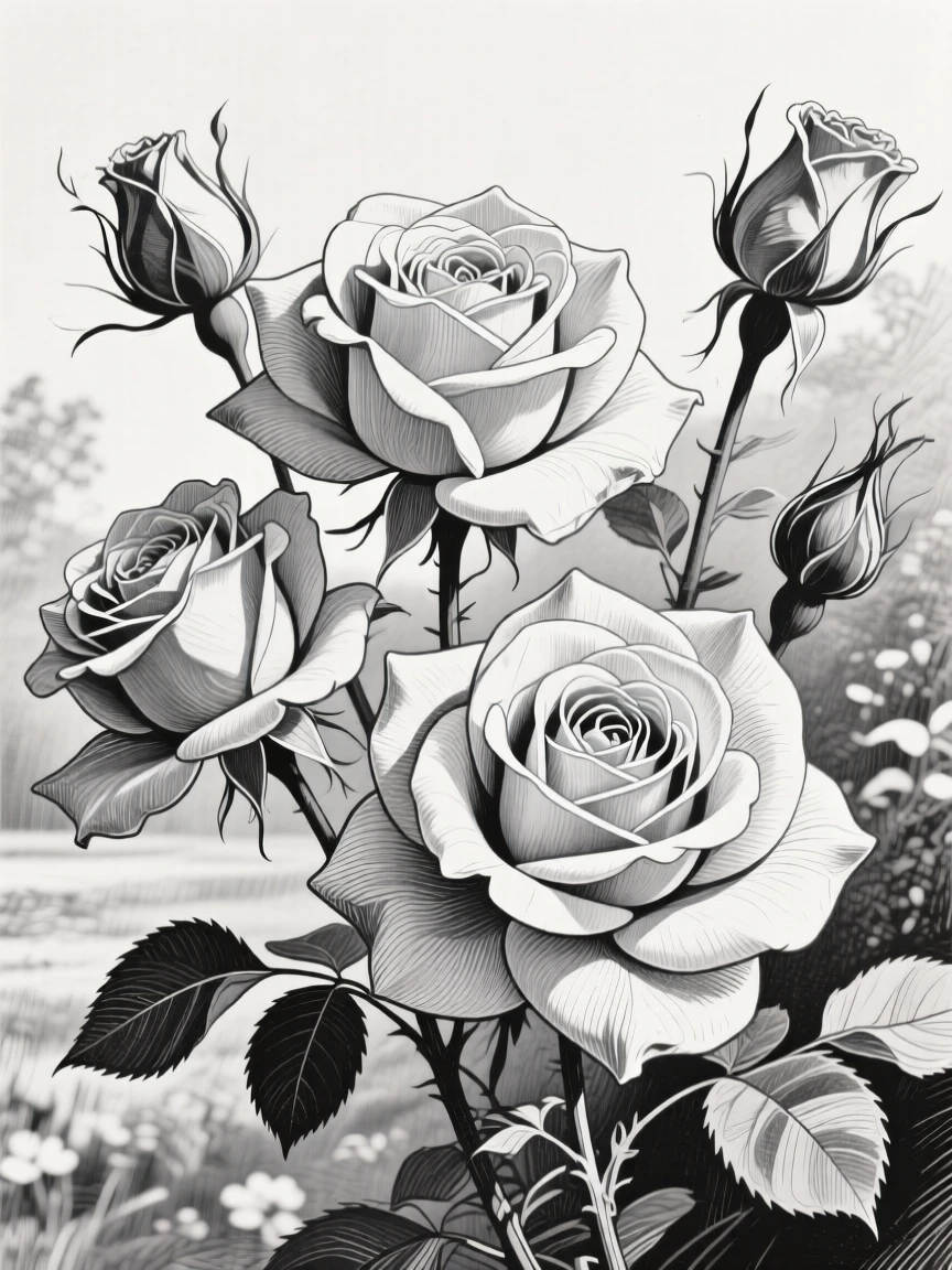 A highly detailed, emotional sketch-style illustration of roses, but with no color. The scene captures a deep sense of joy and peace, with fine linework emphasizing beautiful pedals that bring out the intricate textures and subtle movements within the composition. The background features a softly lit natural environment, harmonizing with the central subject, adding to the overall atmosphere. Every aspect, from the delicate play of light and shadow to the subtle elements of nature, such as leaves or wind, is rendered with thoughtful shading and delicate strokes to convey a sense of calm and reflection but also has no color. The image evokes a strong emotional response through its balanced composition and use of perspective, creating a visual narrative that feels both intimate and expansive. --sref 553469723 --v 7