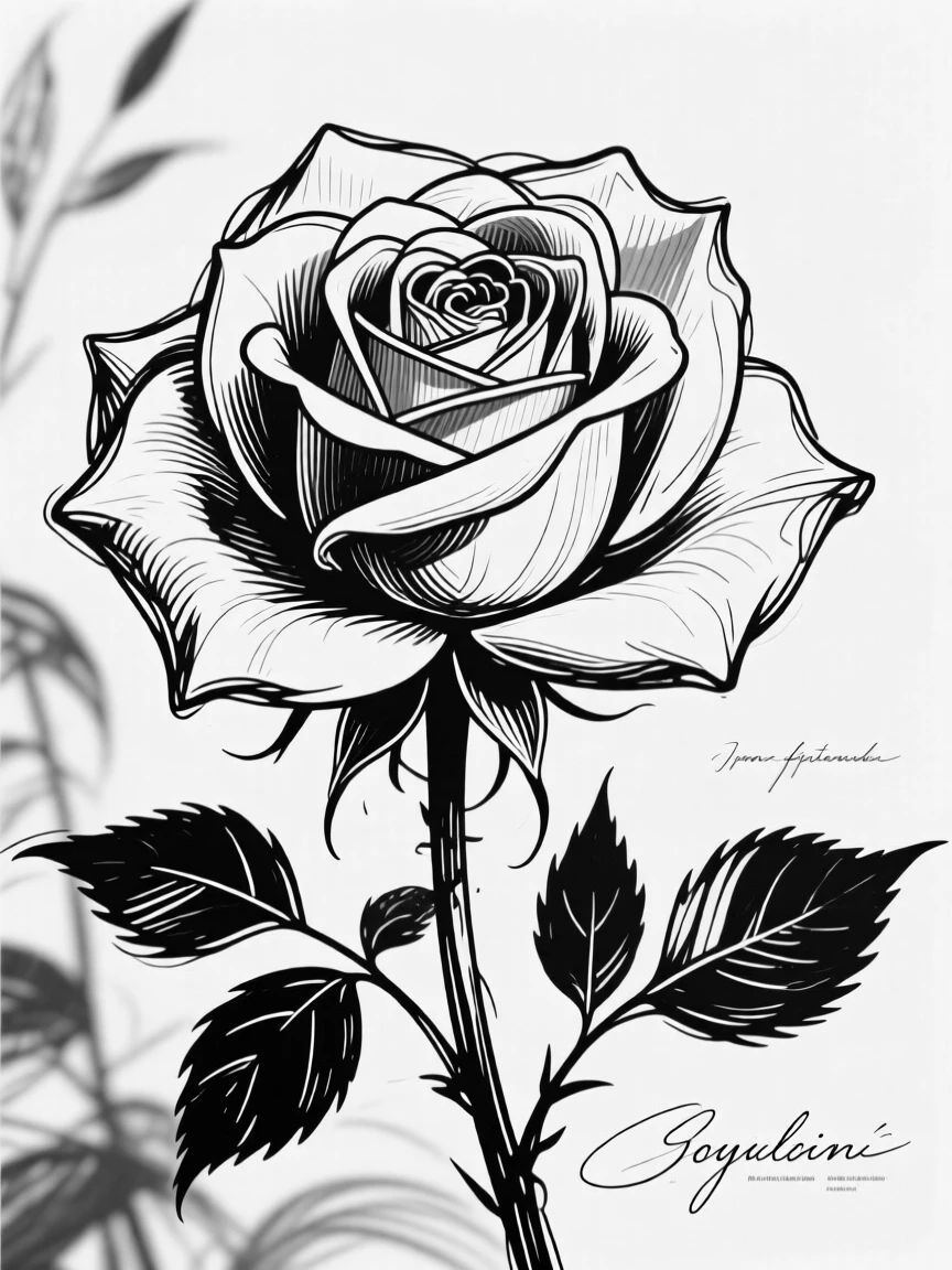 A highly detailed, emotional sketch-style illustration of roses, but with no color. The scene captures a deep sense of joy and peace, with fine linework emphasizing beautiful pedals that bring out the intricate textures and subtle movements within the composition. The background features a softly lit natural environment, harmonizing with the central subject, adding to the overall atmosphere. Every aspect, from the delicate play of light and shadow to the subtle elements of nature, such as leaves or wind, is rendered with thoughtful shading and delicate strokes to convey a sense of calm and reflection but also has no color. The image evokes a strong emotional response through its balanced composition and use of perspective, creating a visual narrative that feels both intimate and expansive. --sref 553469723 --v 7