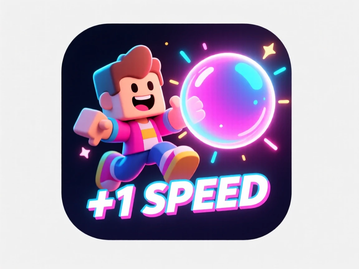 Roblox game icon, cartoon character popping neon bubble, +1 SPEED text, bright, 512x512