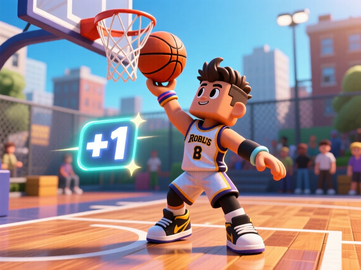 Make an attractive thumbnail and icon for roblox , The game is about Basketball incremental , make a person shooting a basketball into the net and make him the most realistic roblox character with cosmetics and stuff , also just make it really attractive and add a small +1 popping up when he scores