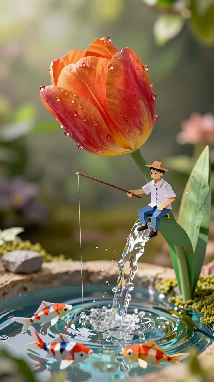 A surreal macro photograph of a single vibrant, dew-kissed tulip bent gracefully toward the ground, acting as a natural fountain. A steady, crystalline stream of water pours rhythmically from the center of the tulip's bloom. Sitting on the edge of the fountain, it's feet dipped in the water, is a tiny, detailed paper fisherman with charming, hand-drawn features. The figure is fishing in the fountain. Under the waters surface in the fountain are a few scattered intricately folded origami koi fish. The scene is set against a soft-focus, ethereal garden background with dappled sunlight filtering through lush greenery. The lighting is bright and magical, highlighting the glistening water droplets and the crisp textures of the paper craft. High-contrast colors, cinematic composition, dreamlike atmosphere, hyper-realistic textures mixed with artistic paper craft style, 8k resolution, whimsical aesthetic