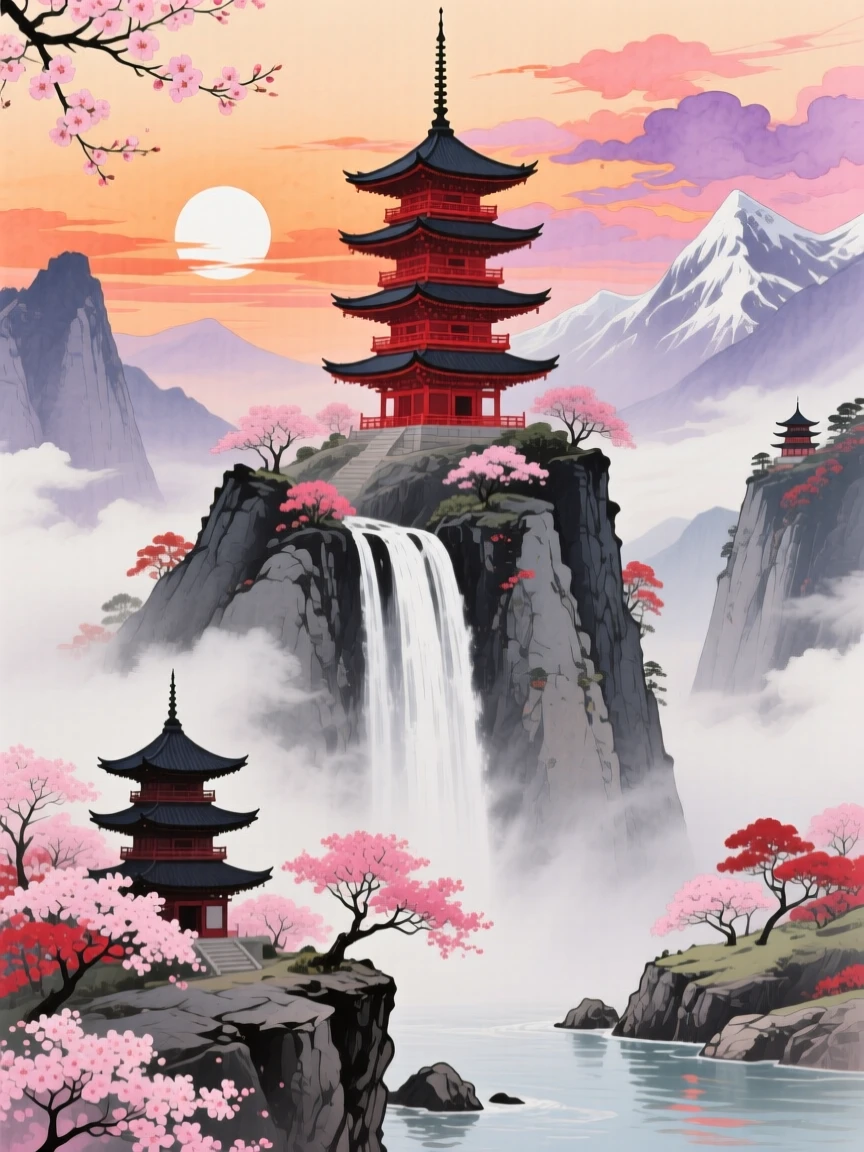 In the center of this Watercolor image, a five-story red pagoda with dark-tiered roofs and a tall spire sits atop a jagged mountain peak. To the left of this peak, a bright white circular sun is low on the horizon against a sky filled with streaks of orange, pink, and purple clouds. Below the central pagoda, multiple wide waterfalls cascade down dark grey rocky cliffs into a canyon filled with white mist. In the bottom left foreground, a smaller three-story dark pagoda rests on a rocky outcrop. Throughout the landscape, numerous cherry blossom trees with varying shades of pink and reddish-pink flowers are scattered across the cliff sides and mountain bases. Tall, steep mountains with patches of white on their peaks frame the scene on both the left and right. Another small pagoda structure is visible on a ridge to the right of the main peak. In the bottom right, a river flows between the mist-covered rocks. The upper left corner features several branches of a cherry blossom tree reaching into the frame from the side.