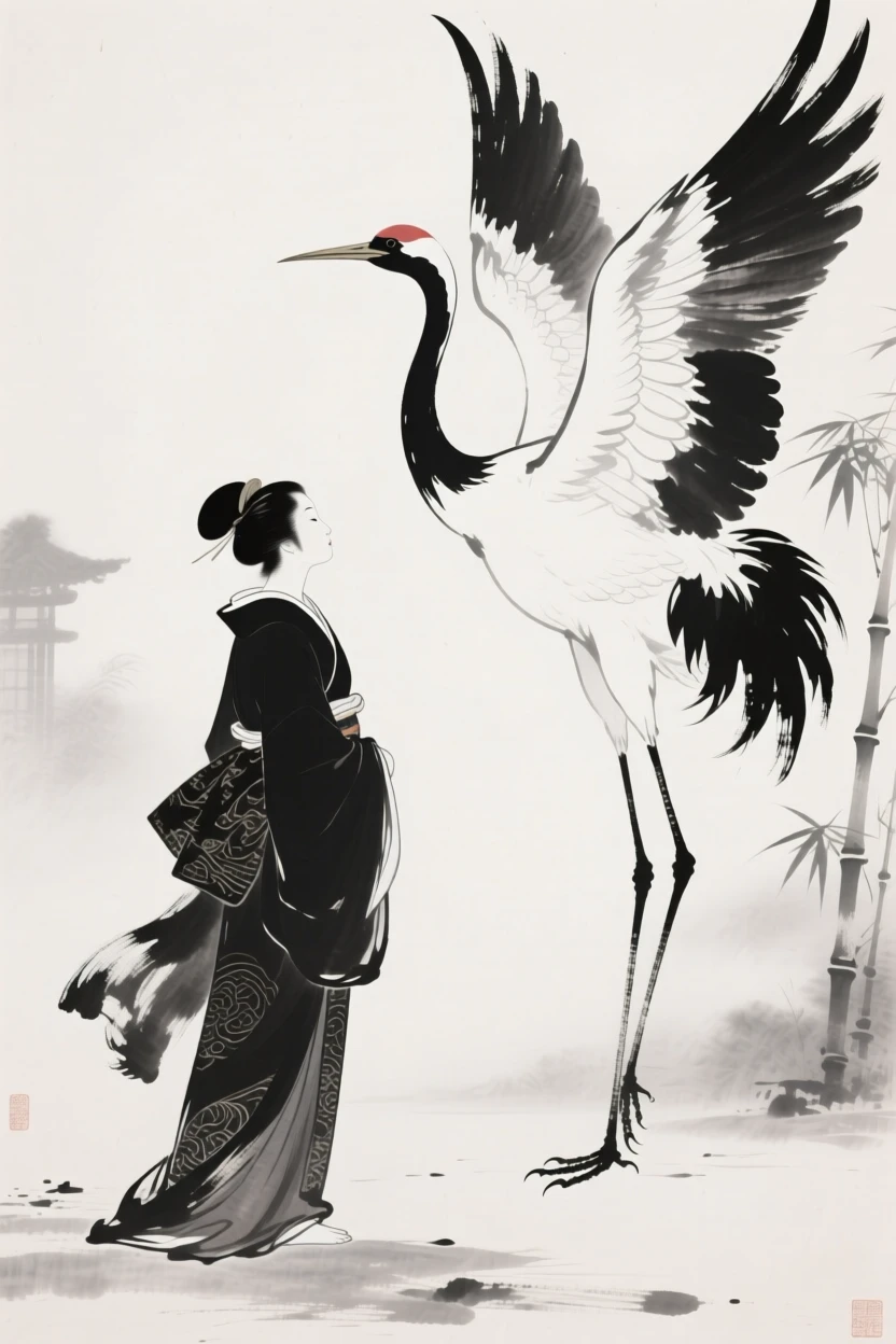An elegant ink-wash painting in the traditional Japanese sumi-e style. A woman in flowing robes faces off against a tall crane standing with its wings spread wide. The composition is simple yet charged with tension, as if nature itself has risen to challenge the samurai's honor. The scene is both poetic and absurd, portraying the solemnity of ritual combat while making the opponent an elegant, improbable bird.