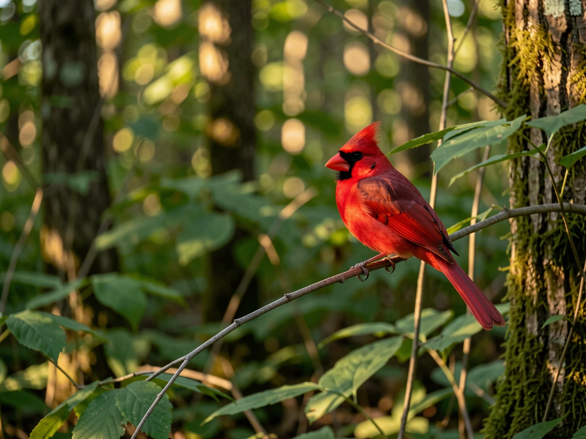 A beautiful Northern Cardinal in a wide, long-shot composition, perched on a branch amid a lush woodland, soft golden morning light, realistic, highly detailed