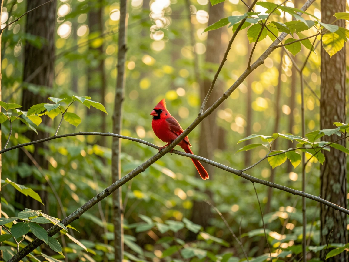 A beautiful Northern Cardinal in a wide, long-shot composition, perched on a branch amid a lush woodland, soft golden morning light, realistic, highly detailed