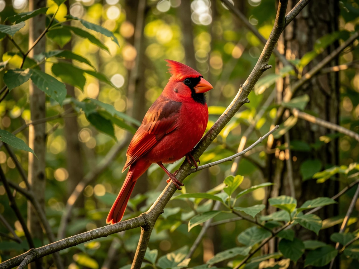 A beautiful Northern Cardinal in a wide, perched on a branch amid a lush woodland, soft golden morning light, realistic, highly detailed