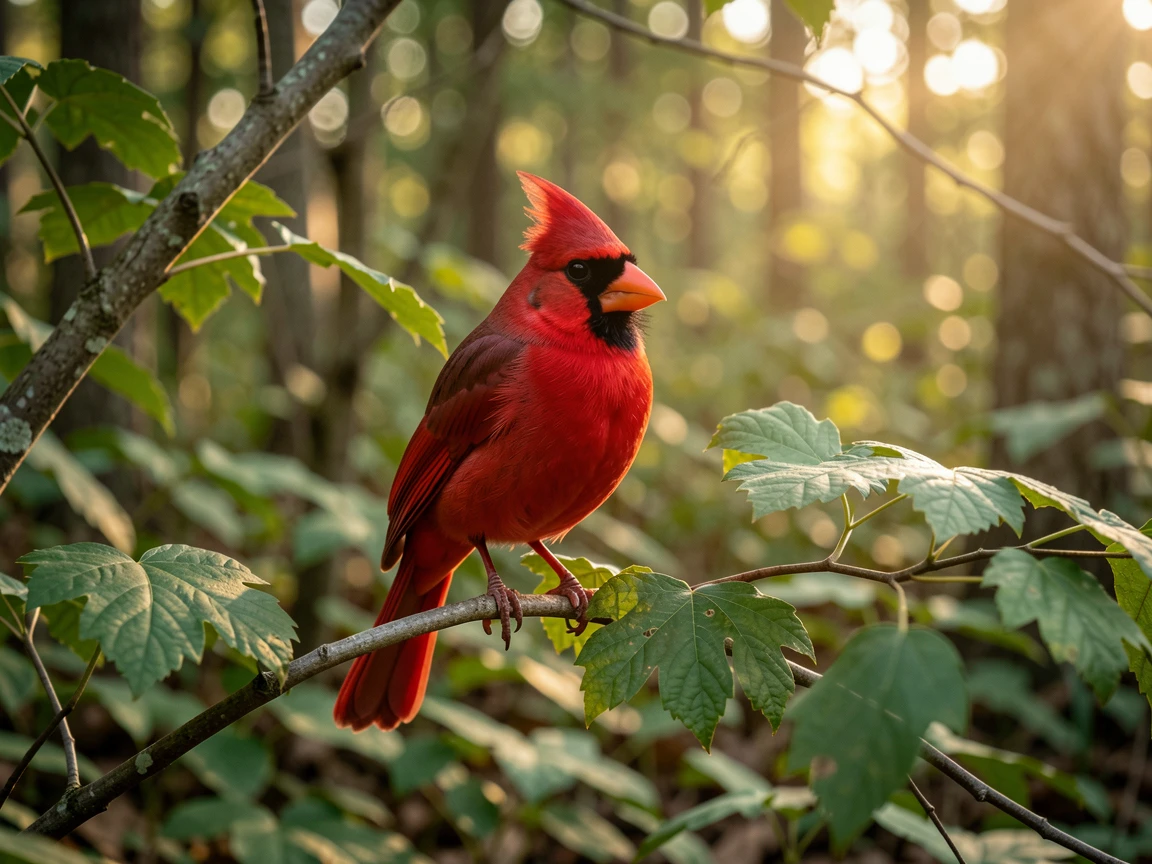 A beautiful Northern Cardinal in a wide, perched on a branch amid a lush woodland, soft golden morning light, realistic, highly detailed