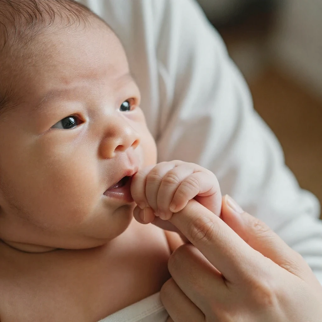 A newborn baby gripping a parent's finger for the first time