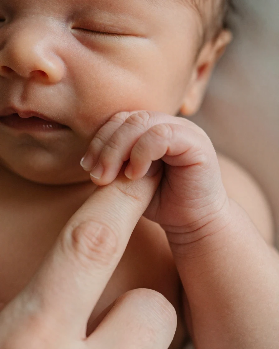 A newborn baby gripping a parent's finger for the first time