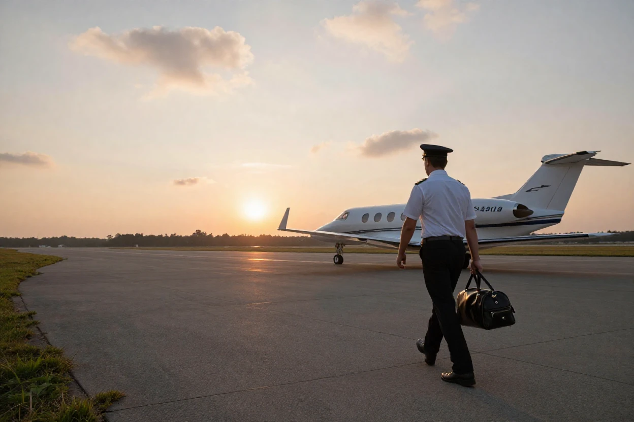 A pilot walks across a runway toward a plane as the sun rises behind it.