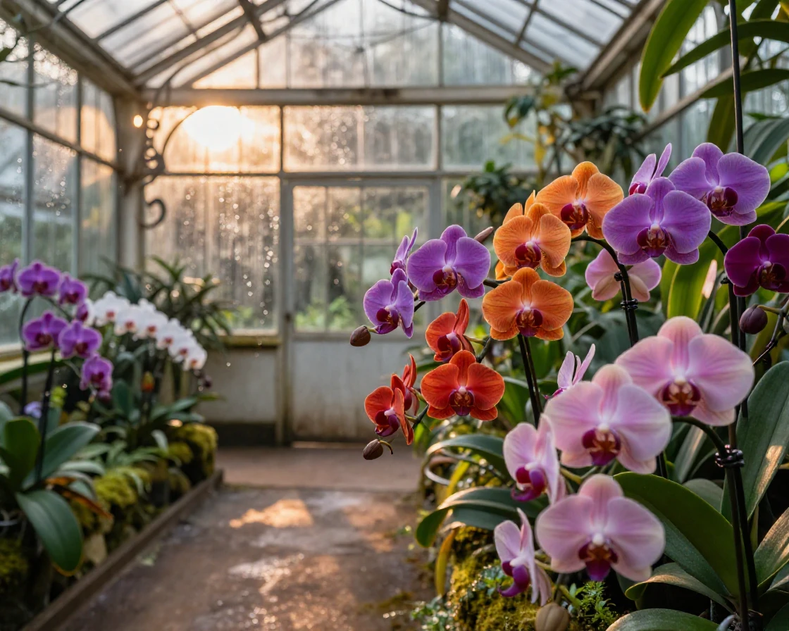 A greenhouse filled with rare tropical orchids swaying gently in a morning breeze