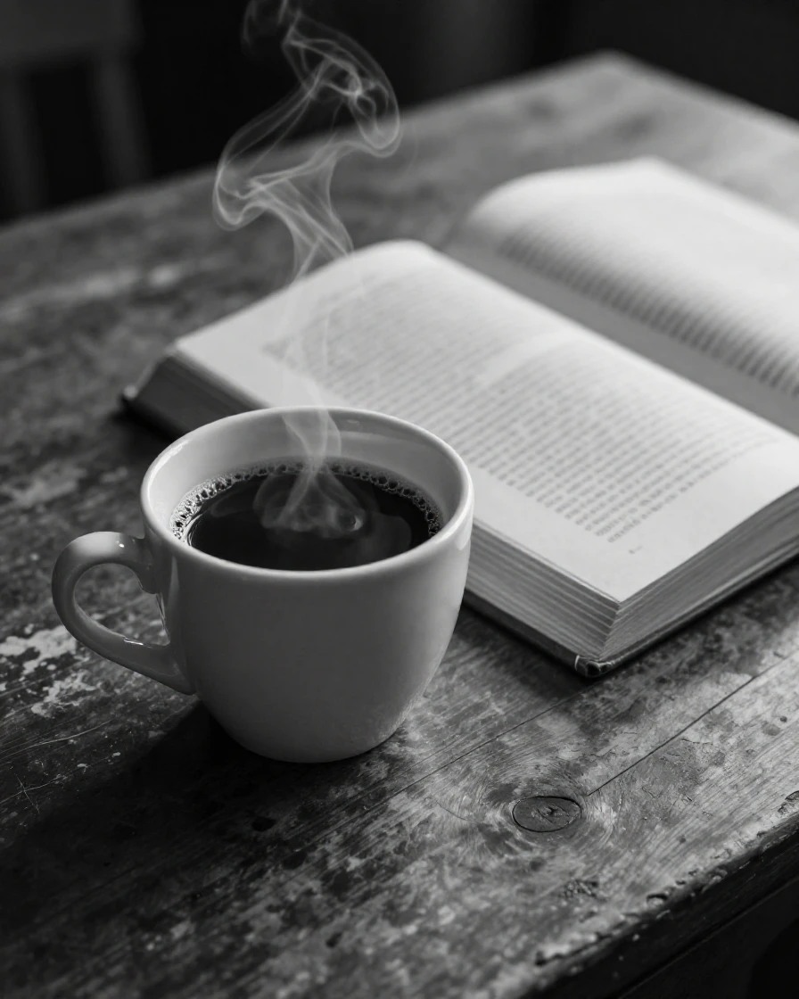A steaming cup of coffee sits beside an open book on a worn wooden desk.