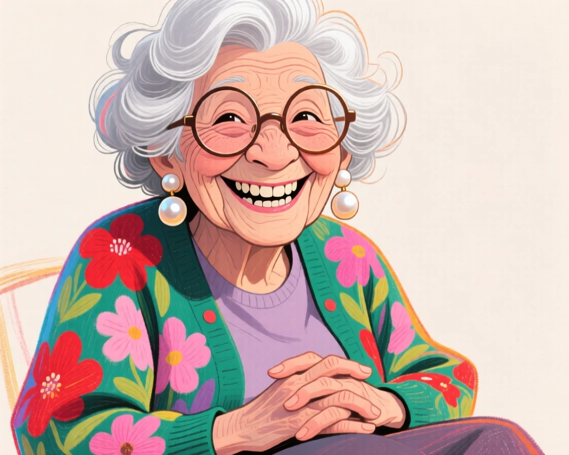 A silver-haired grandmother with round spectacles and a warm gap-toothed smile, wearing a floral cardigan and pearl earrings, hands clasped gently in her lap.