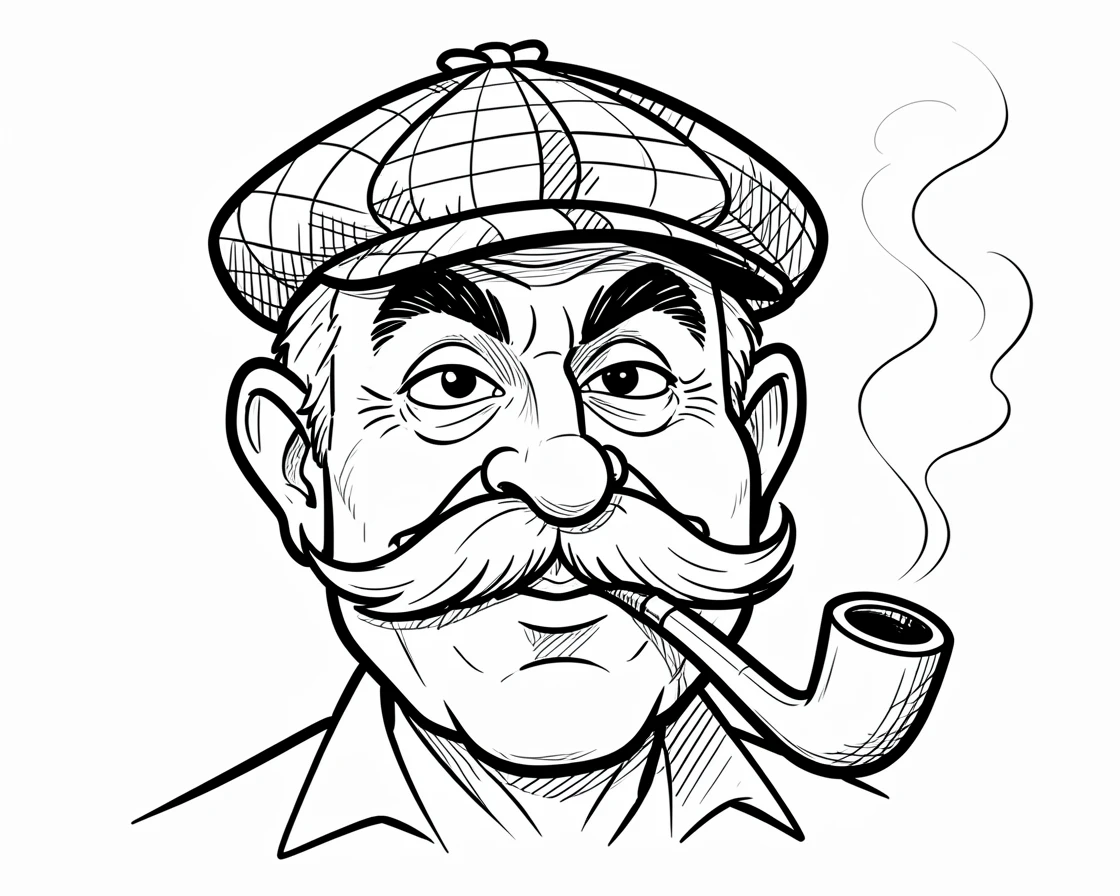 [People Portraits & Characters] Portrait of a proud grandfather with a bushy mustache and a pipe, wearing a tweed cap, full of personality and charm