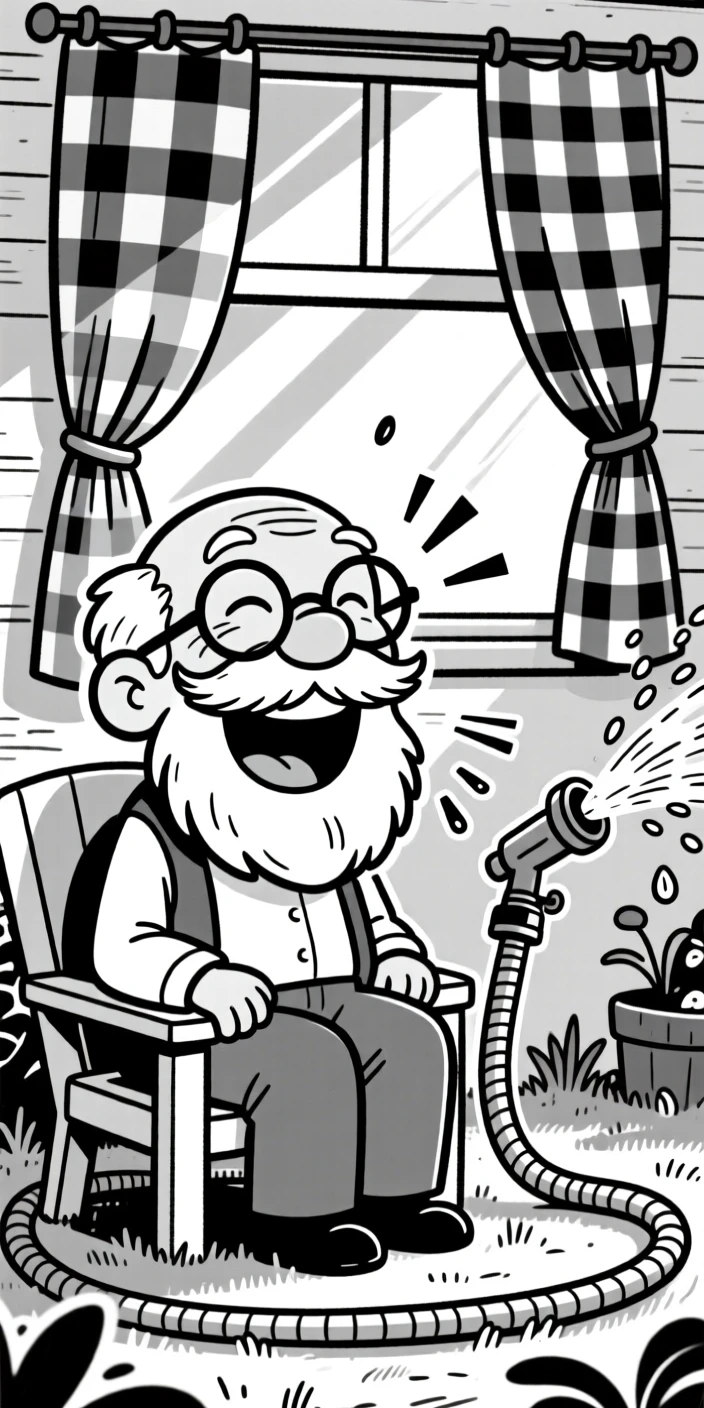 A grandfather with a bushy mustache and reading glasses, laughing so hard the sound turns into a snort, set in a backyard with a wobbly garden hose sprinkler. Sunlight streams through gingham curtains. It's a small, ordinary moment that feels quietly precious.