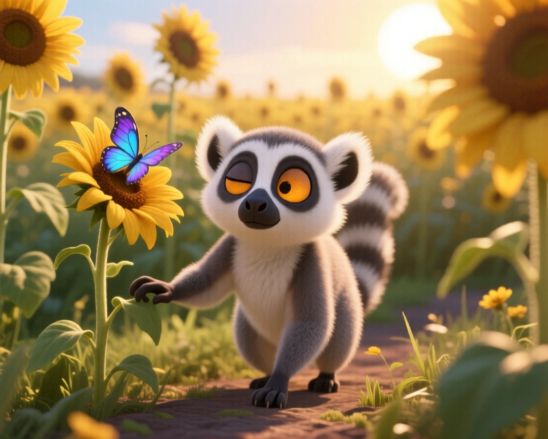 A wide-eyed lemur is wandering through a field of sunflowers, blinking sleepily at the camera. A quiet, comforting sweetness surrounds the scene, with a small butterfly resting nearby.