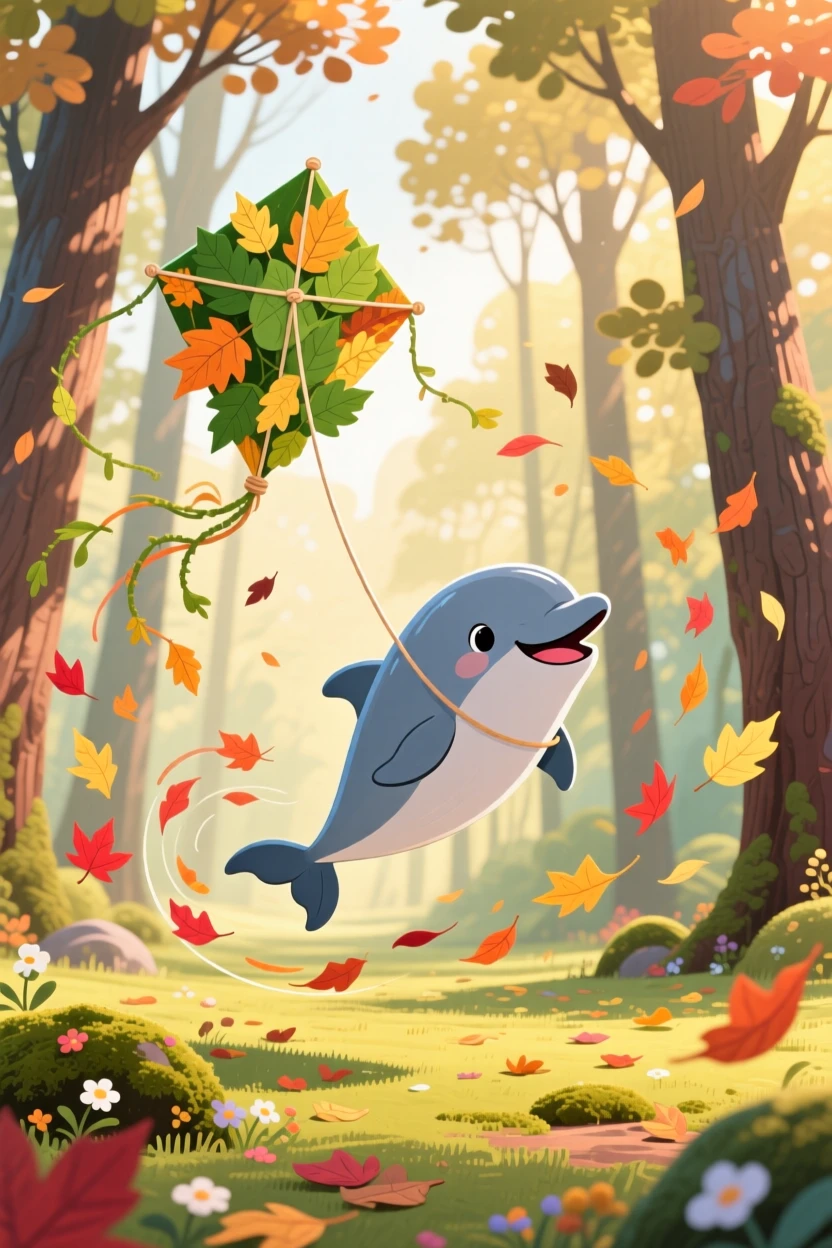 A playful dolphin calf is flying a kite made of leaves in a quiet forest clearing, with a trail of fallen leaves swirling around.