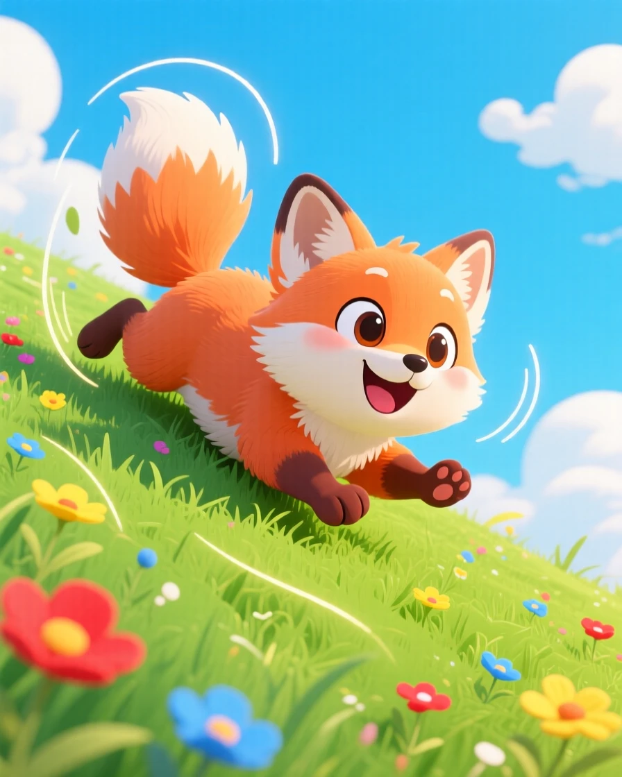 A fluffy baby fox rolling down a grassy hill.