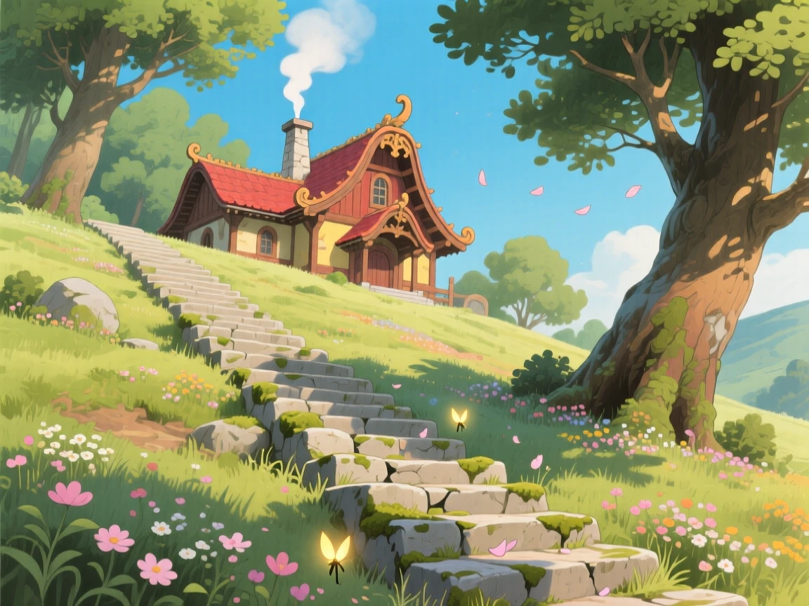 A charming view of a hillside monastery reached by hundreds of stone steps, with smoke curling gently from its chimney.