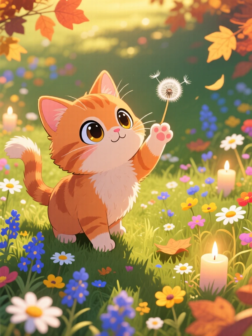 A fluffy orange kitten batting playfully at a floating dandelion seed in a sunlit meadow dotted with wildflowers on a crisp autumn afternoon; gentle candlelight washes over the scene as sleepy relaxation fills the moment. Over-the-shoulder view.