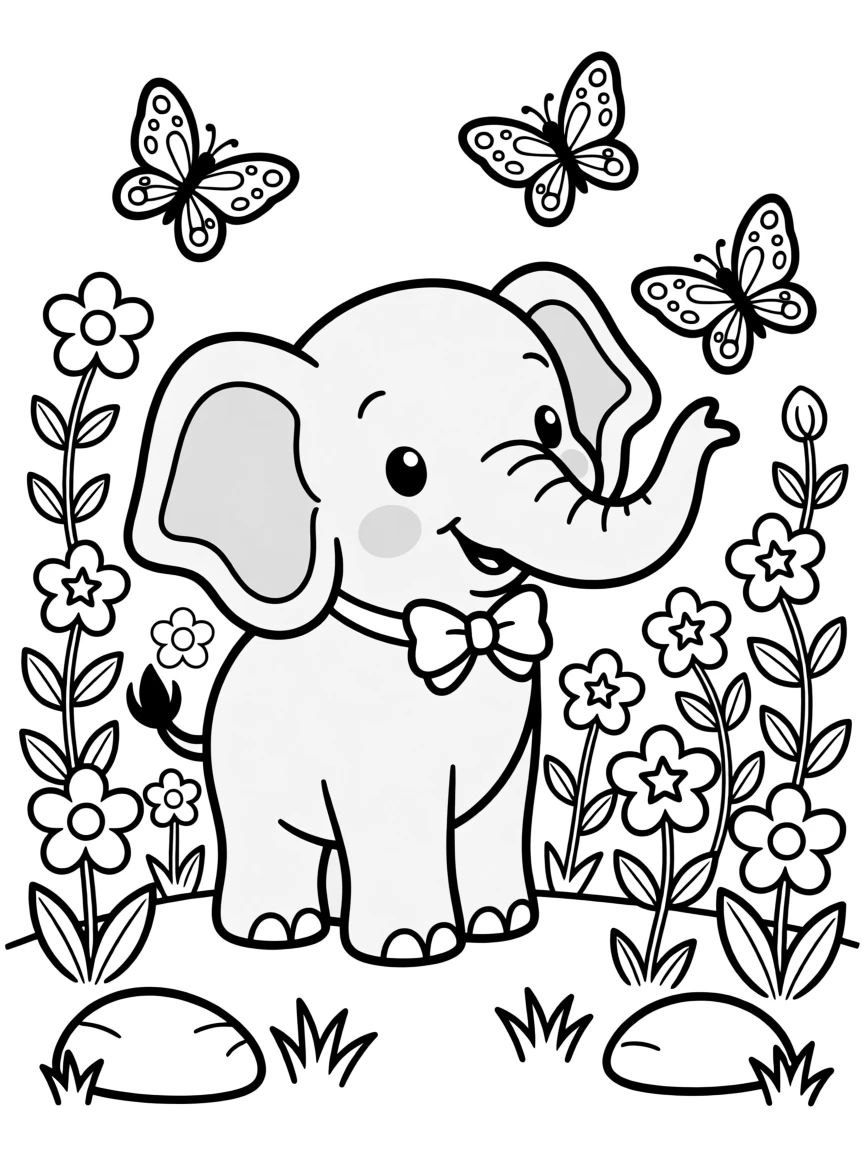 A cheerful baby elephant playing with butterflies in a magical flower garden