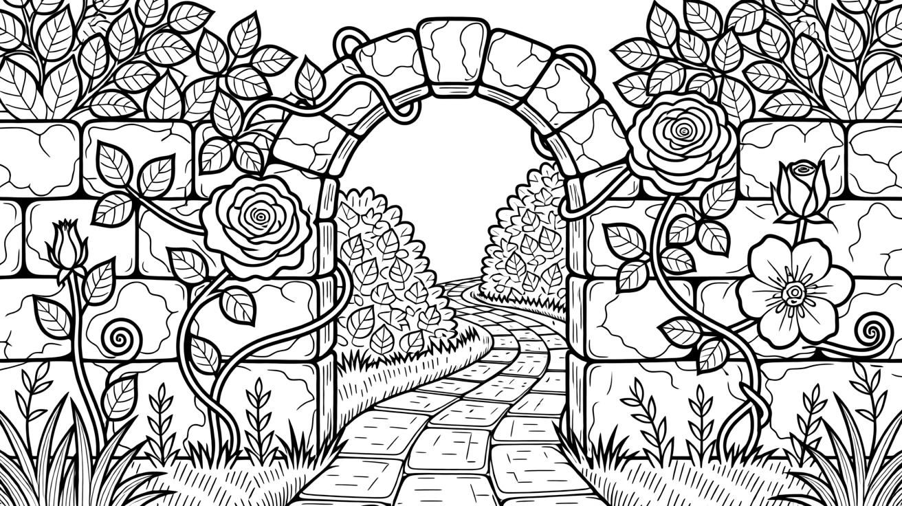 A wild rose garden climbing over a weathered stone archway, with buds in every stage of bloom.