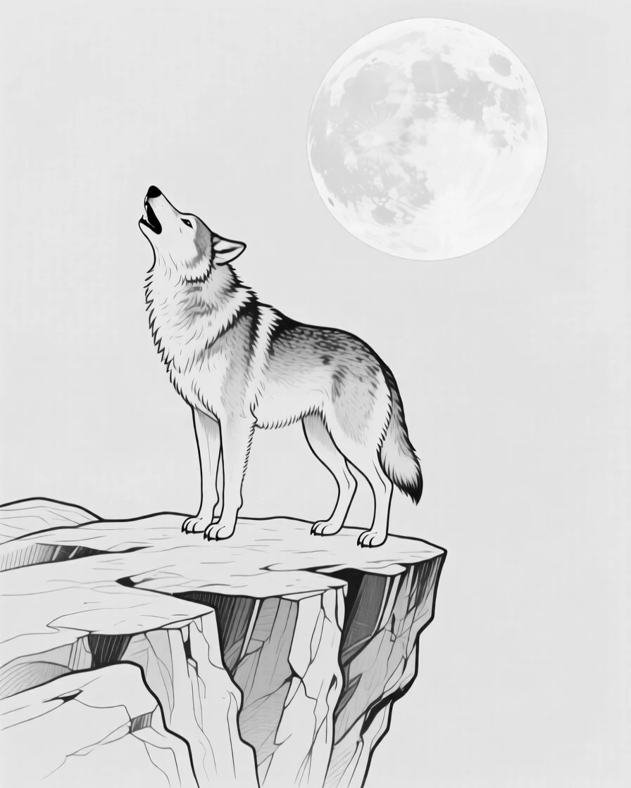 A wolf howling on a rocky cliff under a full moon