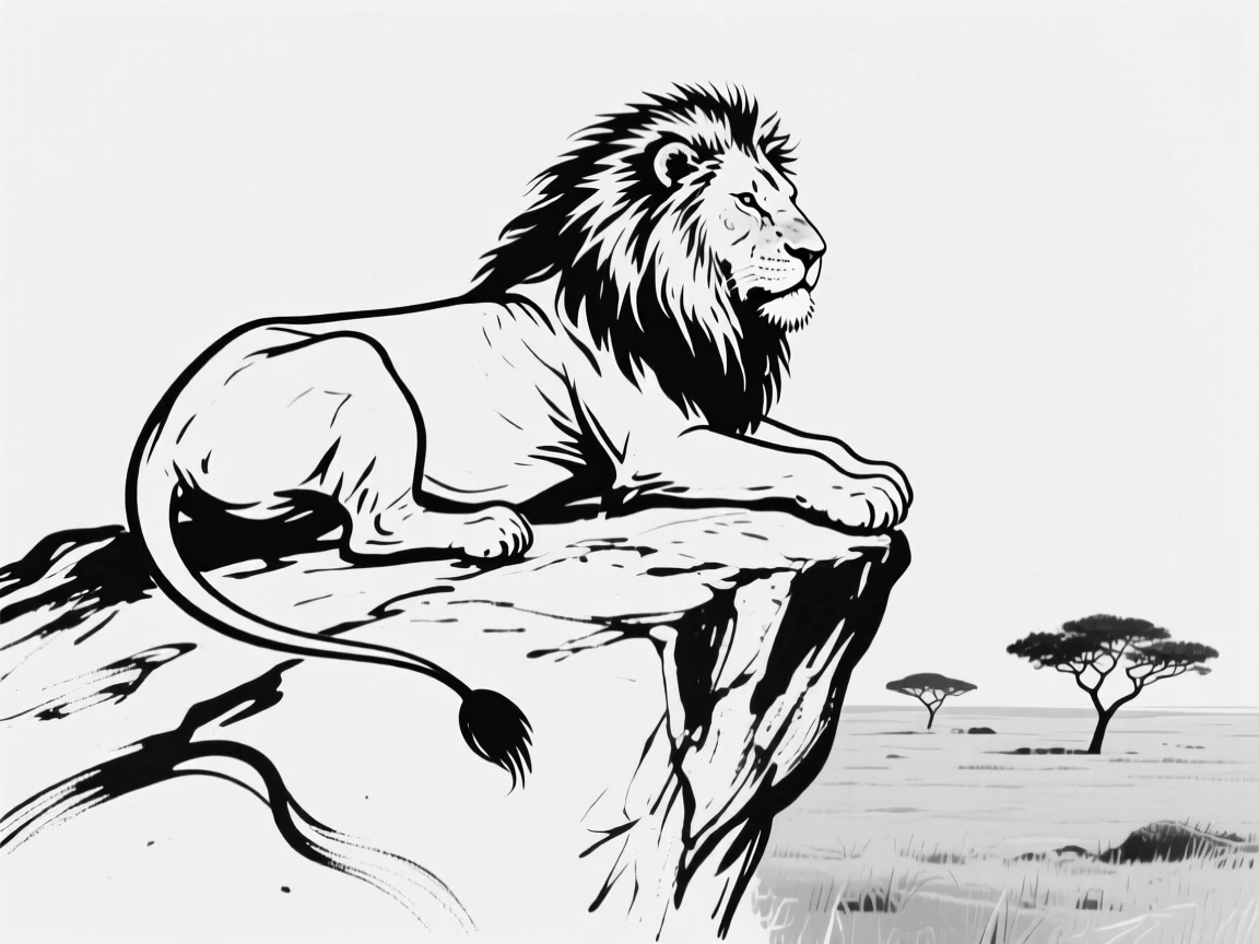 A majestic lion resting atop a rocky outcrop, surveying a golden savanna at sunrise with acacia trees in the distance.